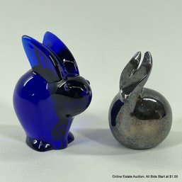 Small Metal Dansk Rabbit & Oneida Cobalt Glass Rabbit