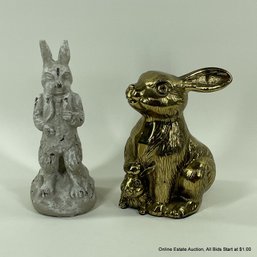 2 Metal Rabbits Cast Iron White Rabbit, Gold Tone Mother And Baby Bunny
