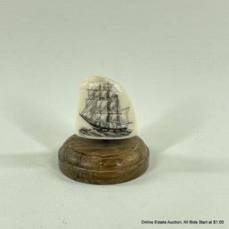 Small Contemporary Marine Ivory Scrimshaw Of A Ship On Wood Base