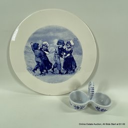 French Blue And White Condiment Dish And A Dutch Themed Porcelain Trivet