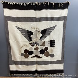 Large Mexican Vintage Woven Wool Blanket With Eagle Snake Motif