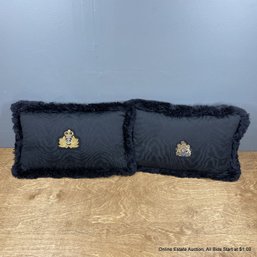Two Fringed Silk Throw Pillows With Antique Royal Arms Patches