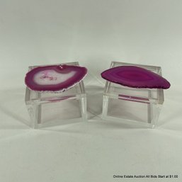Two Lucite Lidded Boxes With Bright Pink Agate, One With Original Box