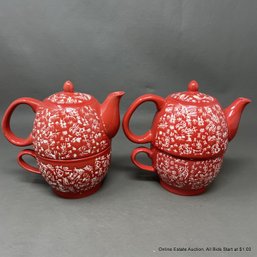 Two 2 In 1 Red Ceramic Teapot & Cup With Chinese Characters