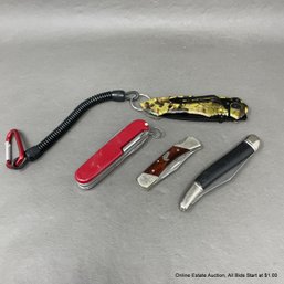 4 Folding Knives: Victorinox Swiss Army Knife, Folding Camo Knife, Stag Fish Knife, Schrade Uncle Henry