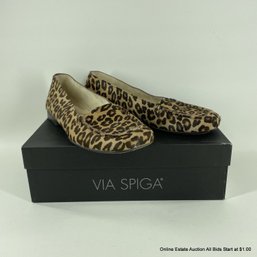 Via Spiga Ladies Size 8.5 Bolivia Camel Congo Leopard Print Fur Leather Loafers