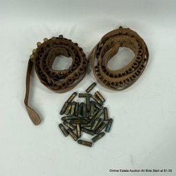 Two Leather Cartridge Bullet Belts & 34 Mattel Cartridges