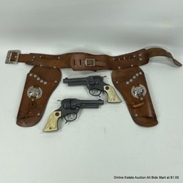 Hubley Texan Jr. Six Shooter Cap Guns In Leather Holster