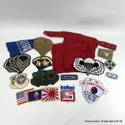 Twenty-Nine Assorted Military Patches And A Red Uniform Dickey