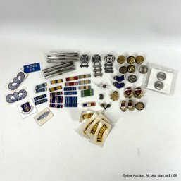 Assorted Military Pins, Buttons, And Stickers