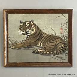Framed Signed Painting On Silk Of A Tiger