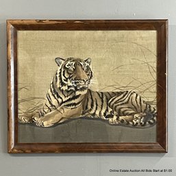 Framed Painting On Silk Of A Tiger, Unsigned