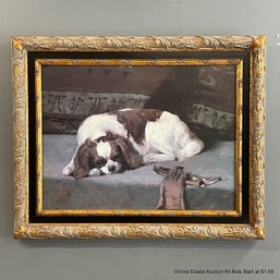 Canvas Transfer Painting  Of A Dog In Ornate Frame