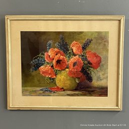 Framed Offset Lithograph Of Poppies And Lilacs