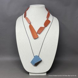 2 Piece Painted Wood On Cord Necklaces One Signed Elk