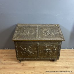 Antique Repousse Copper Wood Box With Hinged Lid On Casters (LOCAL PICKUP ONLY)
