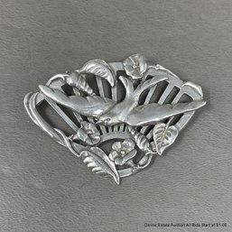 Pewter Fan-Form With Birds And Leaf Designs Brooch By Seagull