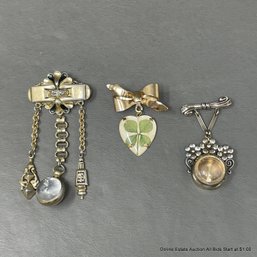 Pair Of Dangle Lapel Lockets And Dangle Lapel Pin With Four Leaf Clover