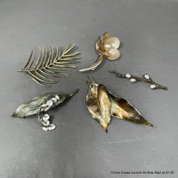5 Leaf And Floral Form Costume Jewelry Brooches