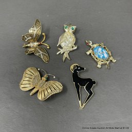 5 Gold Tone Costume Jewelry Brooches By Trifari And Others