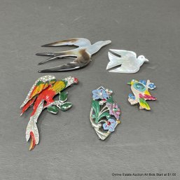 5 Metal Plastic And Mother Of Pearl Bird-Form Brooches