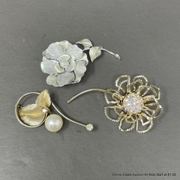 3 Costume Jewelry Floral Brooches By Sarah Coventry And Coro
