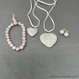 2 Polished Heart-Form Stone Pendants On Cords Polished Stone Earrings & Polished Stone Bracelet