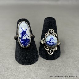 2 Rings With Delft Style Ceramic Hand-Painted Windmill Designs