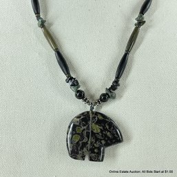 Carved Serpentine Stone Bear Fetish Necklace
