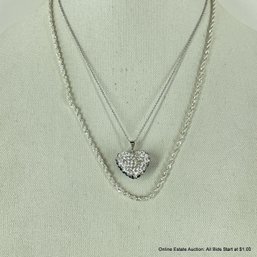 Rope Silver-tone Necklace And Chain Necklace With Rhinestone Encrusted Heart Pendant