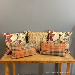 Five Assorted Pillows In Bird, Plaid, And Burlap