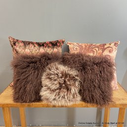 Five Assorted Velour And Shaggy Wool Decorative Throw Pillows Including Pottery Barn