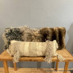 Four Assorted Faux Fur And Woven Decorative Throw Pillows Including Ethan Allen