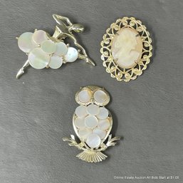 3 Piece Costume Jewelry Brooch Collection Cameo, Ballerina, Owl With Mother Of Pearl Elements