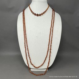 2 Piece Amber Colored Glass Bead Single Strand Necklaces On Cords
