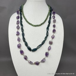 3 Piece Polished Nephrite Bead Amethyst Chunky  And Bloodstone Cabochon Single Strand Necklaces
