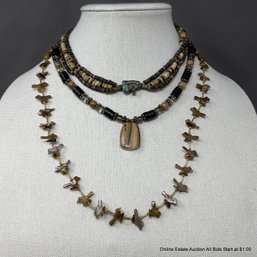 3 Piece Carved Stone Tiger Eye And Carved Abalone Single Strand & Multi-Strand Necklaces