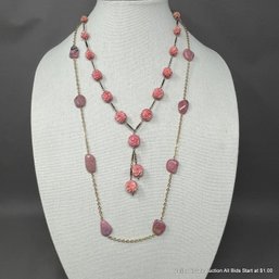 Rhodonite Cabochon Necklace And Carved Coral Floral Necklace