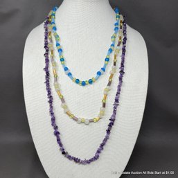 2 Glass Bead And Bar Single Strand Necklaces & Single Strand Amethyst Chunk Necklace