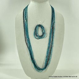 Five Blue And Black Glass Bead Necklaces With Matching Bracelets