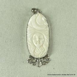 Carved White Pendant Set In Sterling Silver, No Chain (25 Grams Total Weight)