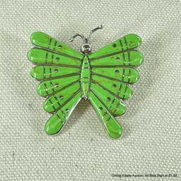 Sterling Silver Butterfly Brooch With Green Stone (13 Grams Total Weight)