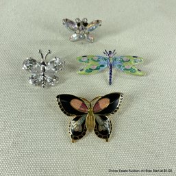 Four Assorted Butterfly And A Dragonfly Brooches