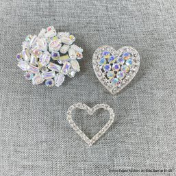 Three Rhinestone Heart And Cluster Brooches