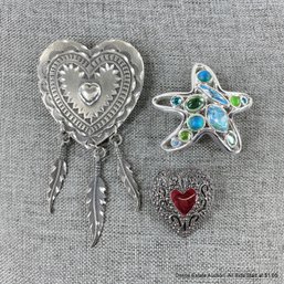 Three Metal Heart And Starfish Brooches
