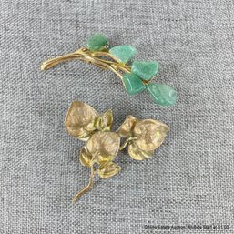 Vintage Gold Tone Eucalyptus Leaf Brooch And Jadeite Pin