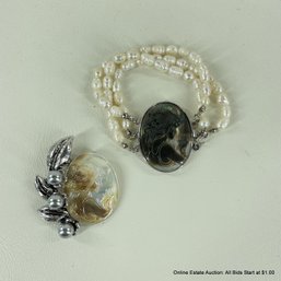 Freshwater Pearl Bracelet And Faux Pearl Brooch With Mother Of Pearl Cameos