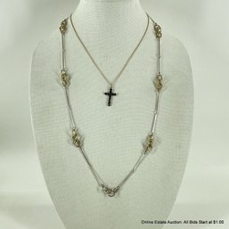 Garnet Cross On 14K Chain And Gold And Silver Tone Bar And Chain Link Necklaces