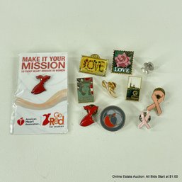 Assorted Collection Of Pins For Go Red, Breast Cancer Awareness, Love Stamps, And More