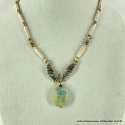 Stone And Metal Bead Necklace With Carved Wood Scarab Pendant